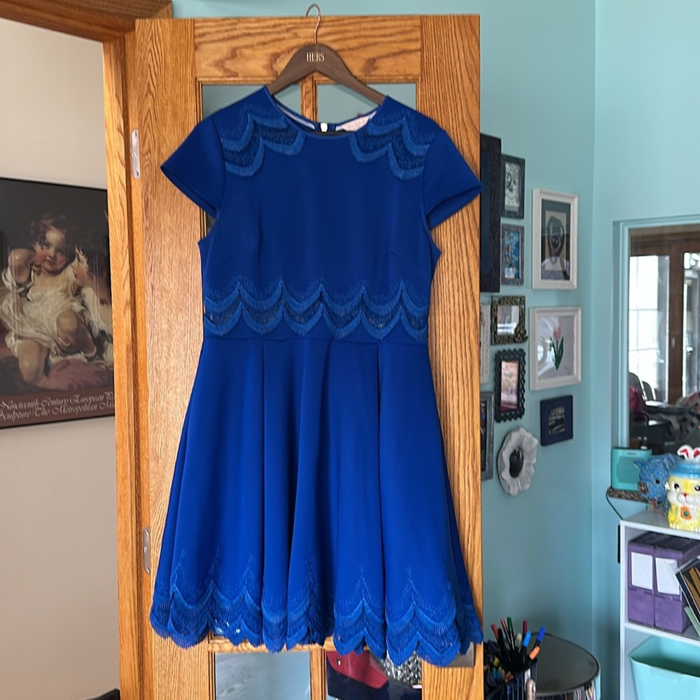 Ted Baker Rehanna Embroidered Cap Sleeve Skater Dress TB 4 US 10 Large Blue